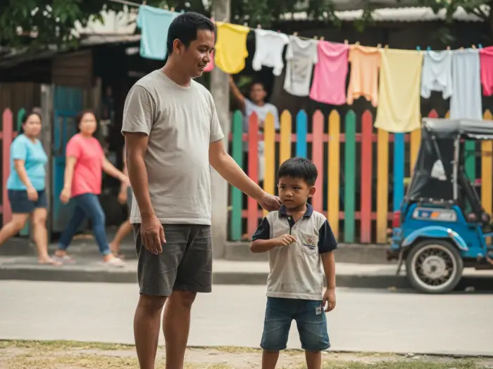 Filipino father teaching son how to respond to school bullying Philippines.