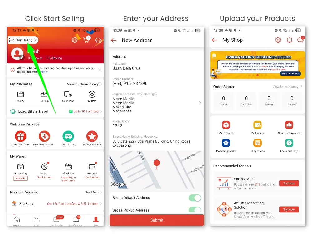 Step by Step screenshot on registering a Shopee seller account on smartphone.