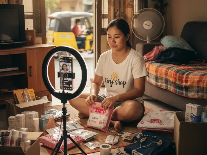 Filipina seller demonstrating how to sell on TikTok Shop Philippines at home.