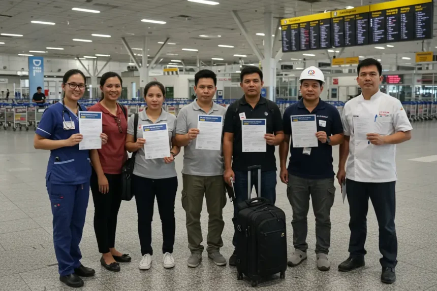 Filipino workers at airport departure for in demand jobs abroad and jobs for Filipinos overseas