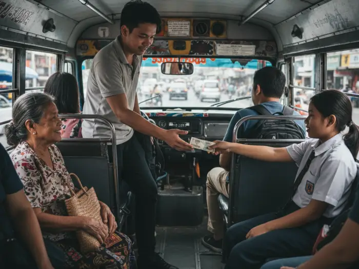 Jeepney passengers showing commuter etiquette by offering seats and passing fare.