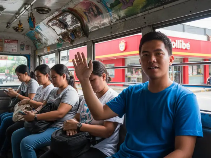 Jeepney passenger signaling “Para po” to stop at a landmark.