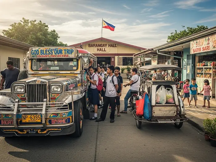 Jeepney & tricycle outside a barangay hall, symbolizing Filipino culture and daily life.