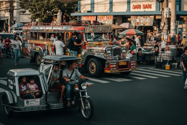 Jeepney and tricycle in a busy Philippine street, showing real local commuting in 2025.