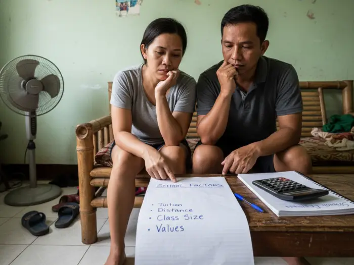 Filipino parents weighing key factors like DepEd vs private curriculum in choosing school.