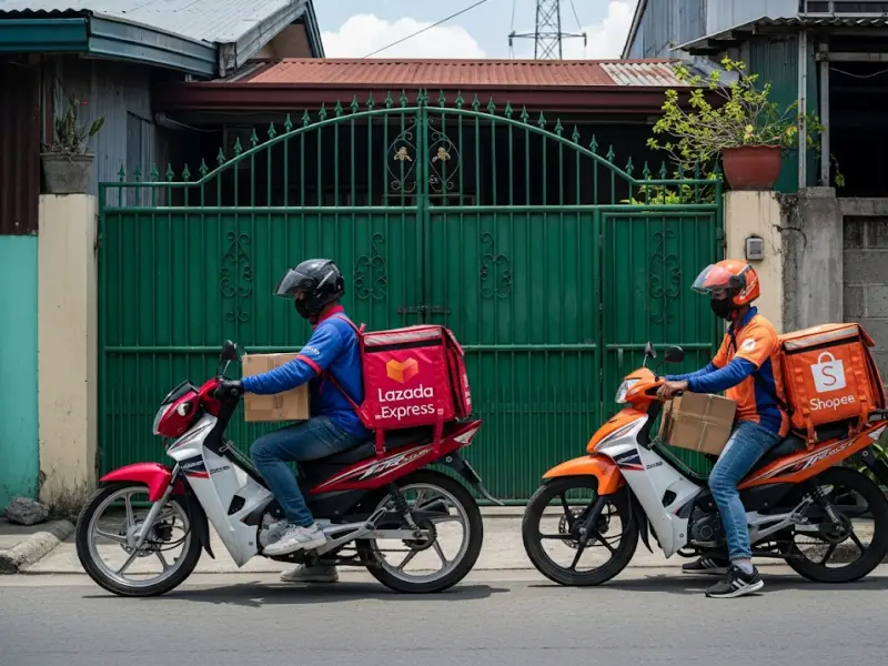 Lazada Express and Shopee Xpress riders delivering packages in the Philippines.