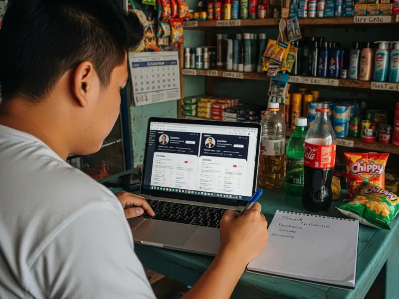 Filipino freelancer studying successful Upwork profiles.