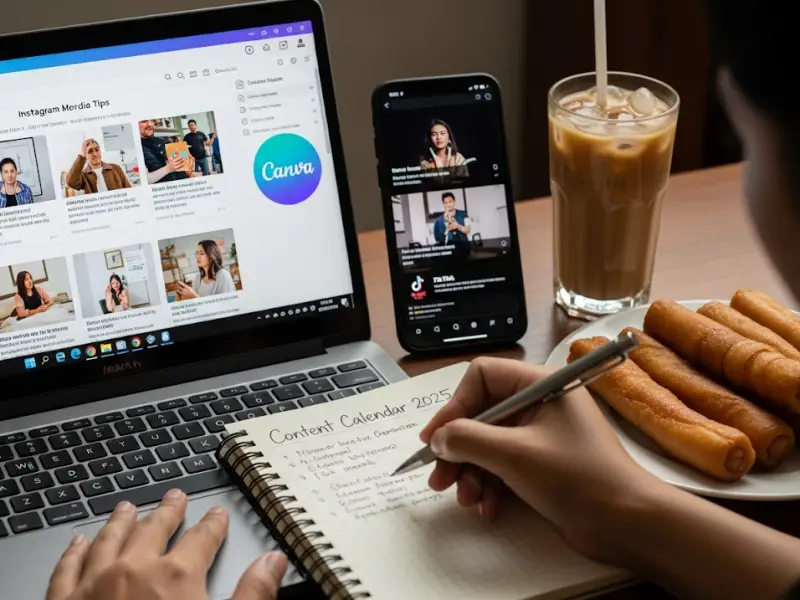 Filipino beginner learning Canva and TikTok basics at home.