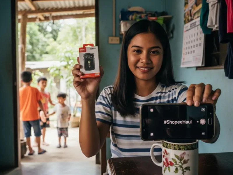 Filipina promoting dropshipping products through TikTok in a modest home.