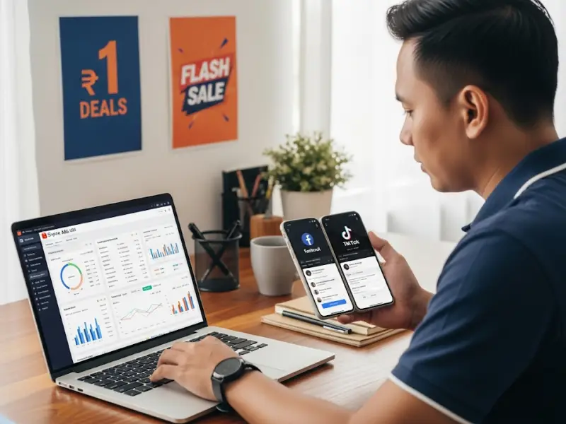 Filipino Shopee seller promoting store through ads and social media platforms.