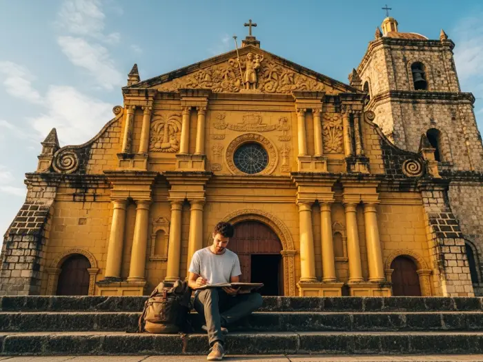 A solo traveler sketches the golden facade of the historic Miagao Church in Iloilo during the late afternoon.