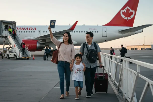 Filipino family arriving at a Canadian airport, stepping off plane with immigration documents.