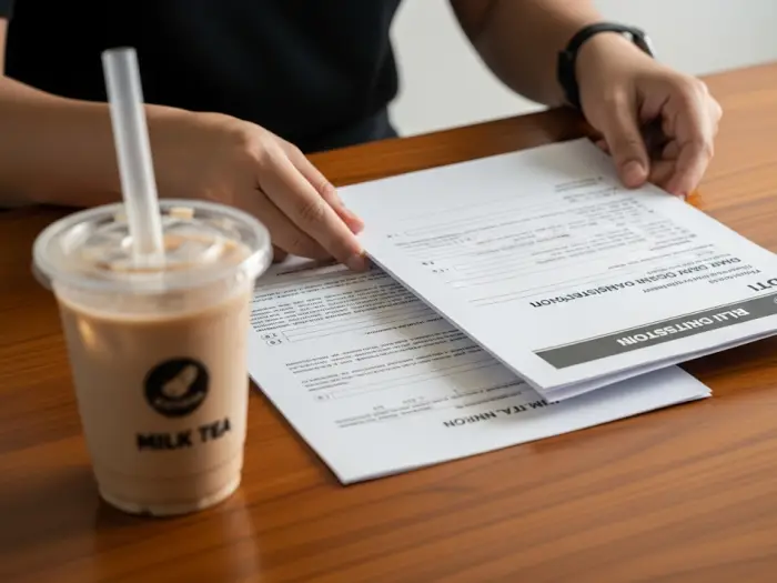 A person handling official business permits and registrations, symbolizing the process of legalizing a new milk tea business.