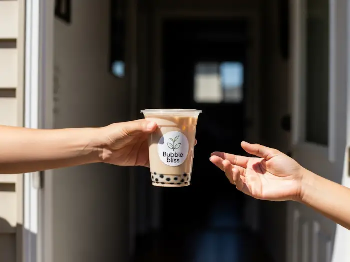 A close-up shot of a milk tea being delivered, showing the final step of a home-based business transaction.