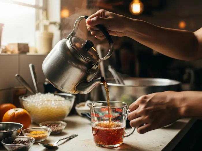 Hands preparing a milk tea base in a home kitchen, highlighting the brewing and mixing process for a new business.