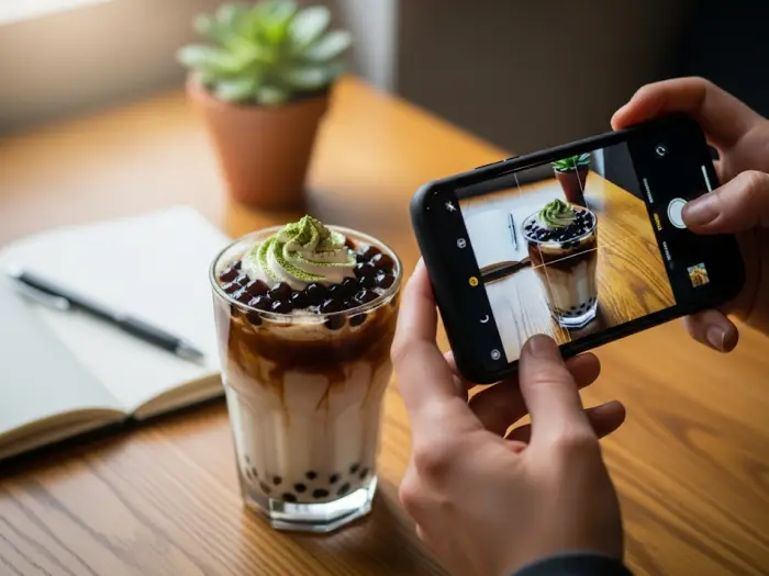 A person takes a smartphone photo of a fresh milk tea drink to post on social media, showcasing a brand marketing strategy.