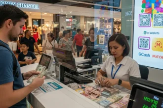 Tourist exchanging money at a mall money changer in the Philippines with peso bills and GCash QR visible.