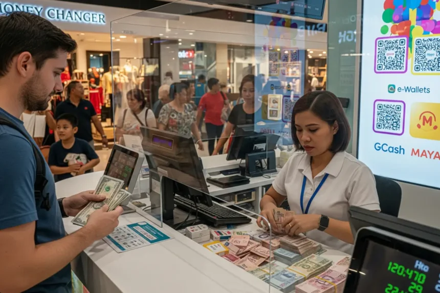 Tourist exchanging money at a mall money changer in the Philippines with peso bills and GCash QR visible.