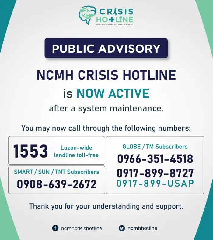 Phone numbers showing NCMH Hotline numbers