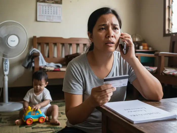 Filipino mother negotiating credit card debt PH over the phone at home.