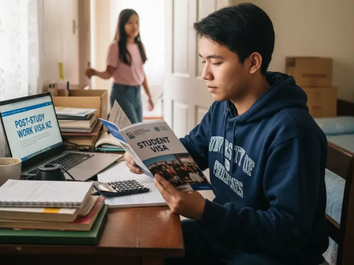 Filipino student reviewing NZ student visa and work-to-residency pathway at home.