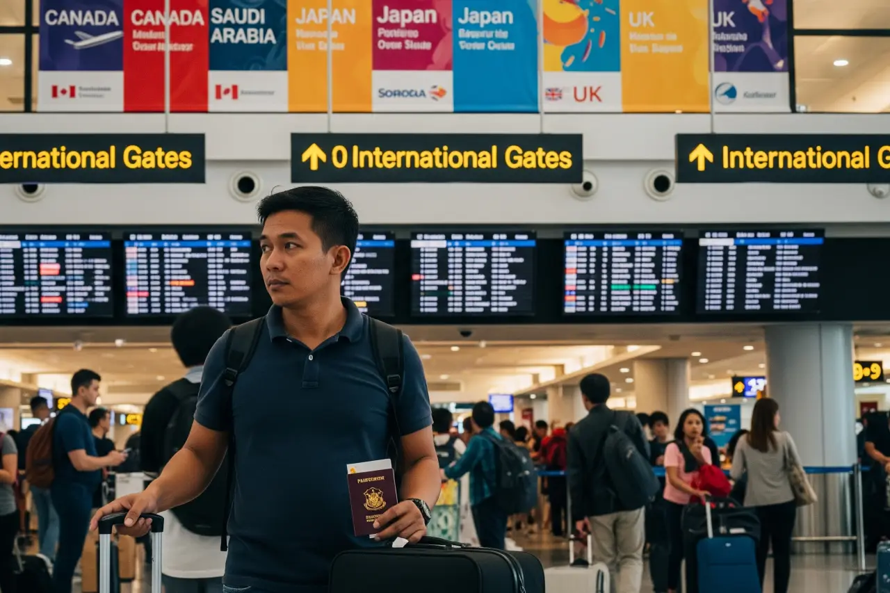 Filipino worker at NAIA airport departure area with passport and suitcase, ready to work abroad in 2025
