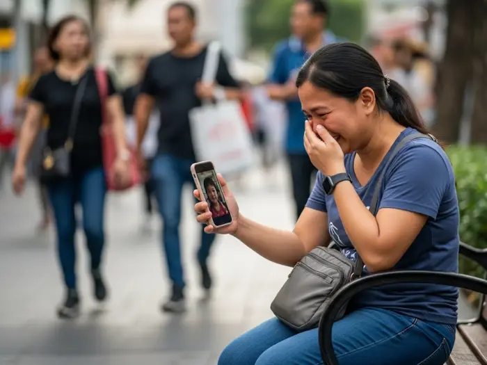Filipina domestic helper smiling tearfully while video calling her child on a park bench.