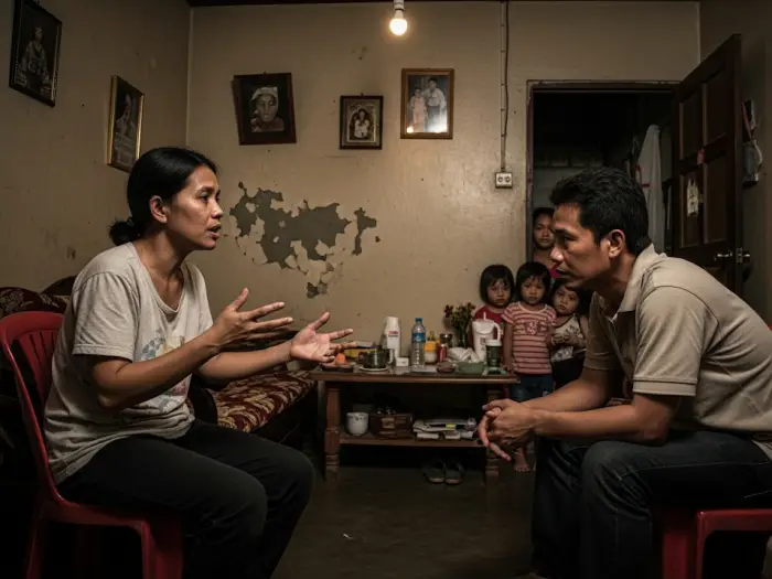 A Filipino family discussing the mother’s decision to work abroad as a helper.