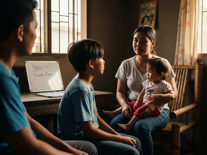 Returning OFW mother in the Philippines discussing future plans with her children.