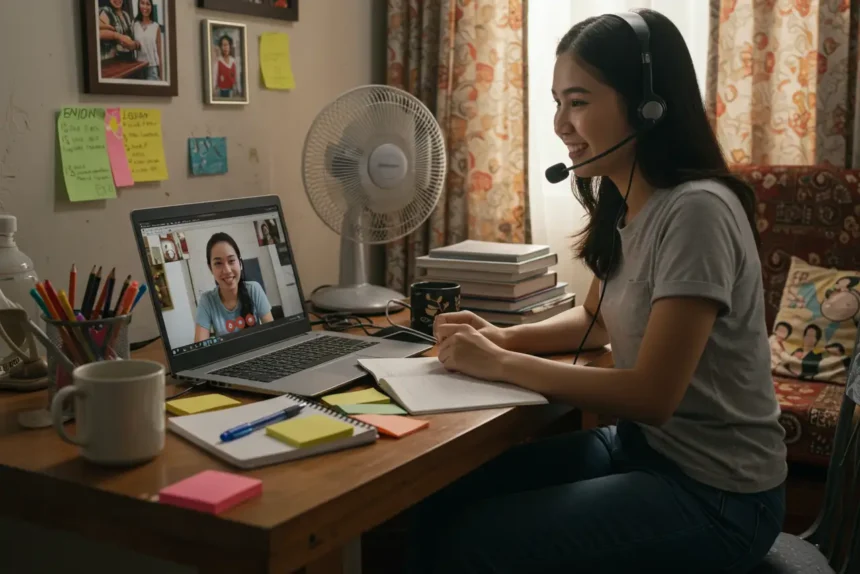 Filipino online English tutor teaching students from home in the Philippines.