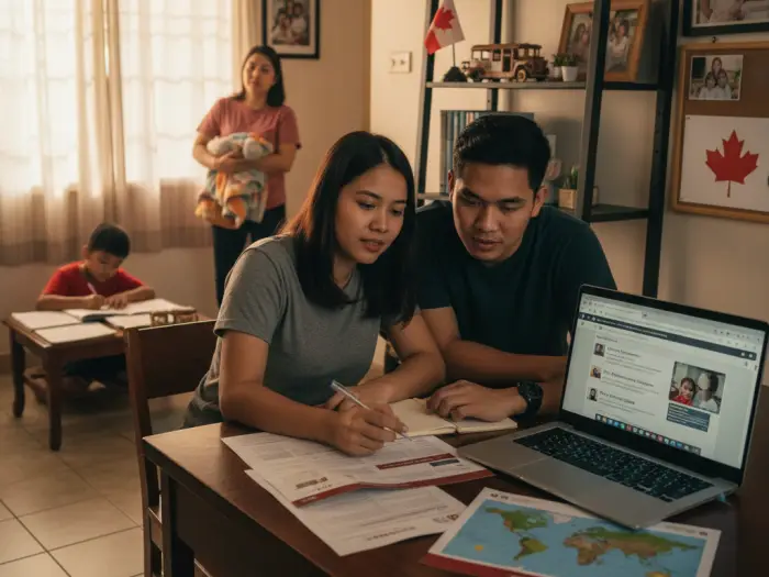 Filipino aspiring to migrate to Canada and reviewing immigration pathways on laptop at home.