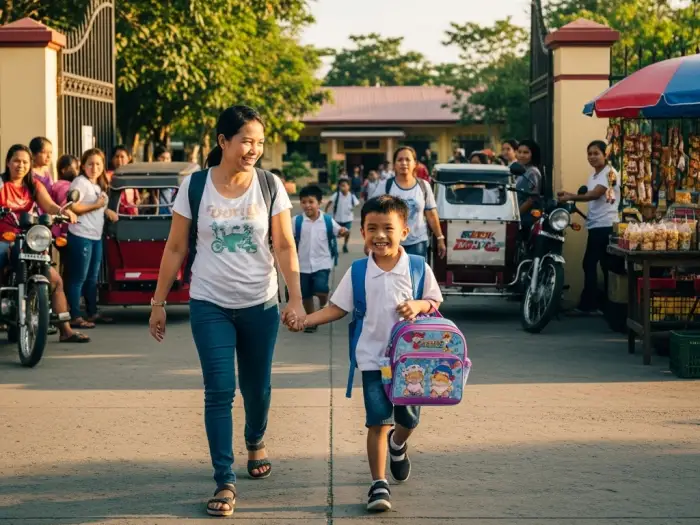 Filipino parent protecting child from bullies while leaving school in Philippines.