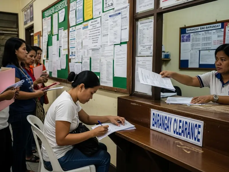 Filipina submitting paperwork for sari-sari store registration at a barangay hall.