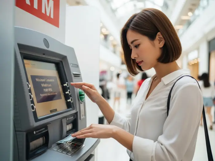 Person withdrawing cash from an ATM inside a Philippine mall.