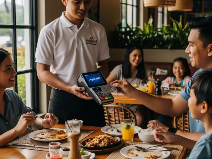 Customer paying with a Visa card at a restaurant in the Philippines.