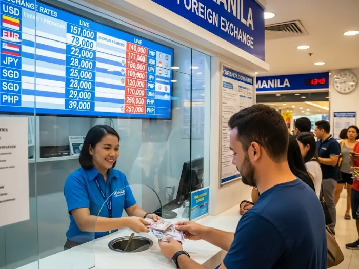 Mall money changer in the Philippines showing live exchange rates and safe transactions.