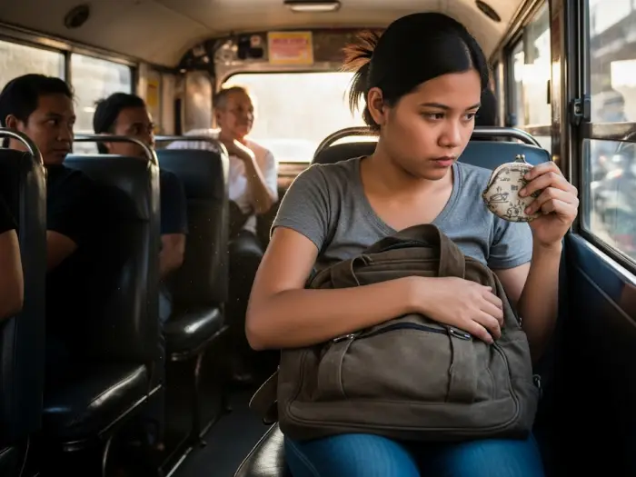Commuter securing her bag while holding small cash inside a jeepney.