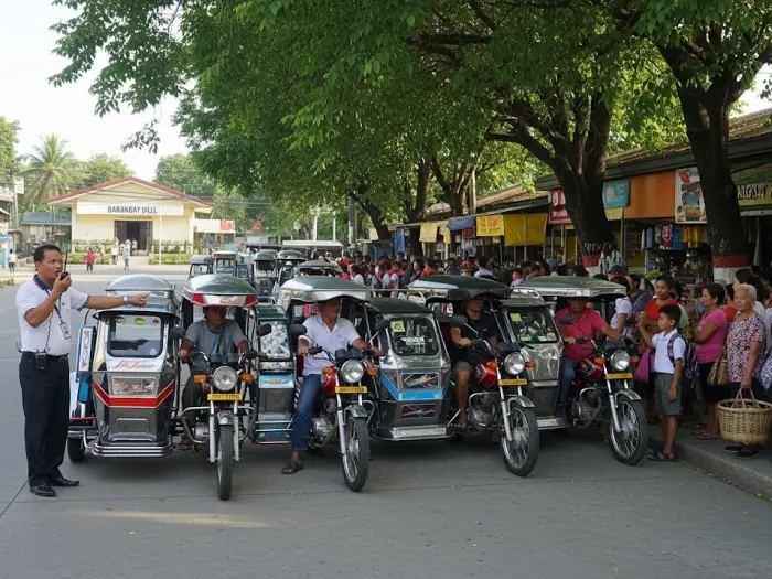 Tricycle terminal in the Philippines with passengers boarding and fare chart visible.