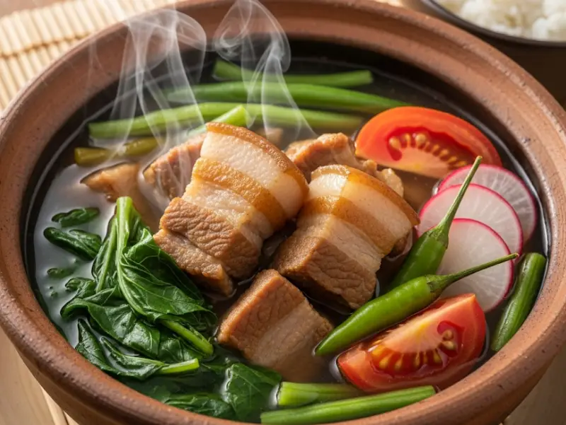 Pork sinigang with kangkong, string beans, radish, and tomatoes in a clay bowl.