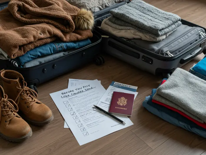Filipino migrant packing and preparing documents before moving to Canada.