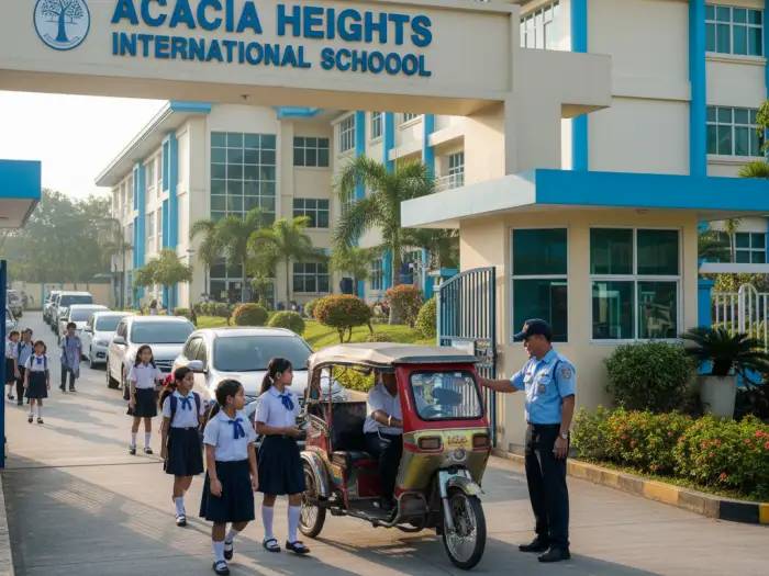 Filipino students entering private school in the Philippines, reflecting higher tuition and facilities.