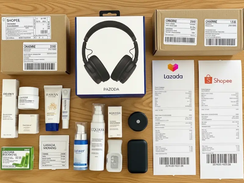 Branded items from Shopee and Lazada with receipts on a Filipino table.