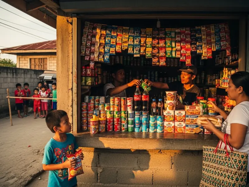 Busy sari-sari store in the Philippines with multiple neighbors buying essentials.