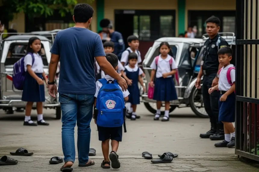 Filipino parent supporting child on way to school to protect child from bullies.