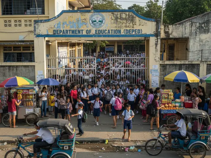 Filipino students leaving public school in the Philippines, showing advantages of accessibility.