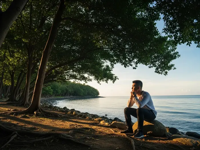 A young man sits by the sea at the Rizal Shrine in Dapitan, looking out thoughtfully during the morning.