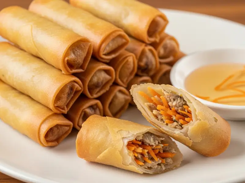 Sardine lumpia rolls served with vinegar dip.