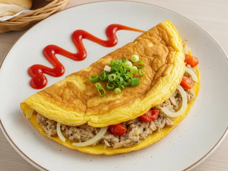 Sardine omelet with bits of tomato and onion, served with ketchup on the side.