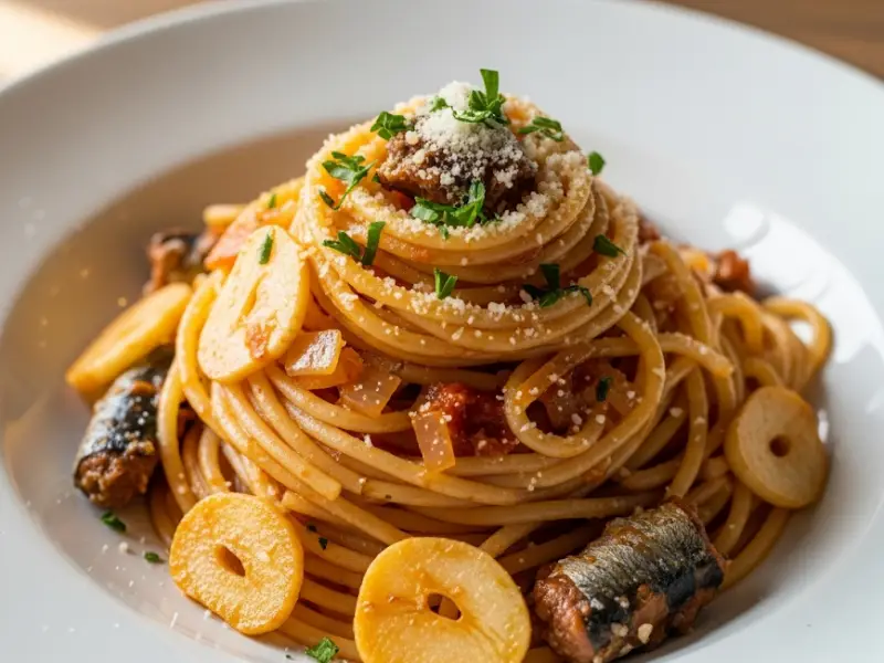Spaghetti coated with sardine tomato sauce and grated cheese.