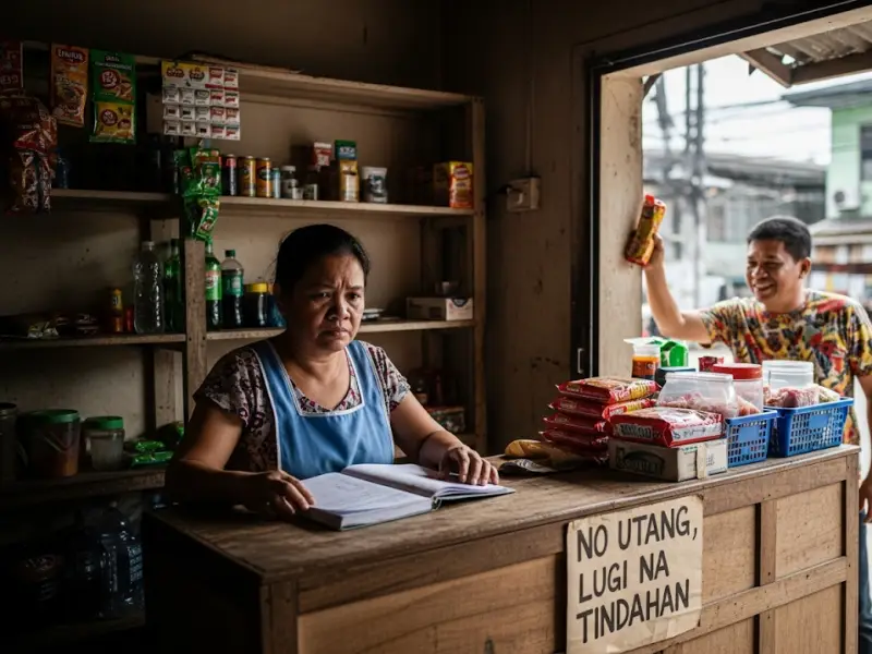 Sari-sari store owner struggling with empty shelves and customer utang requests.